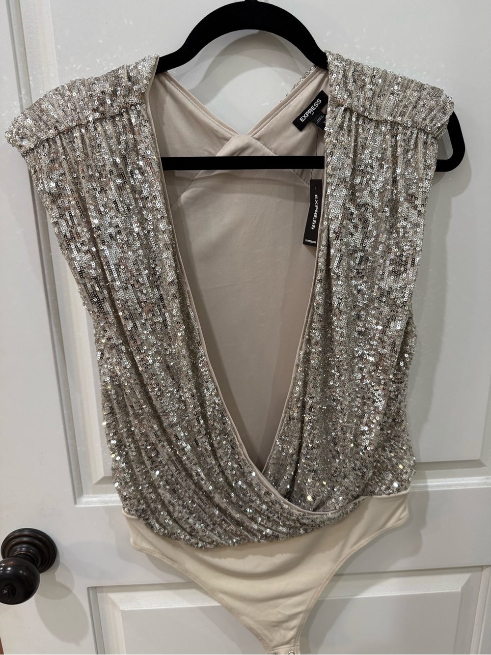 Express Gold Silver Sequin Body Suit V-Neck Short Sleeve